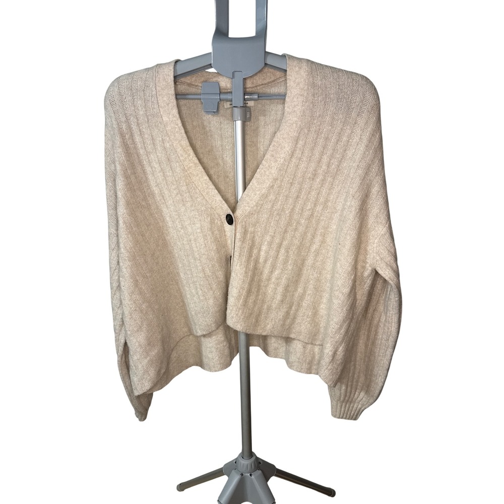 American Eagle Cream Ribbed Knit Cropped Cardigan Sweater Medium V-Neck